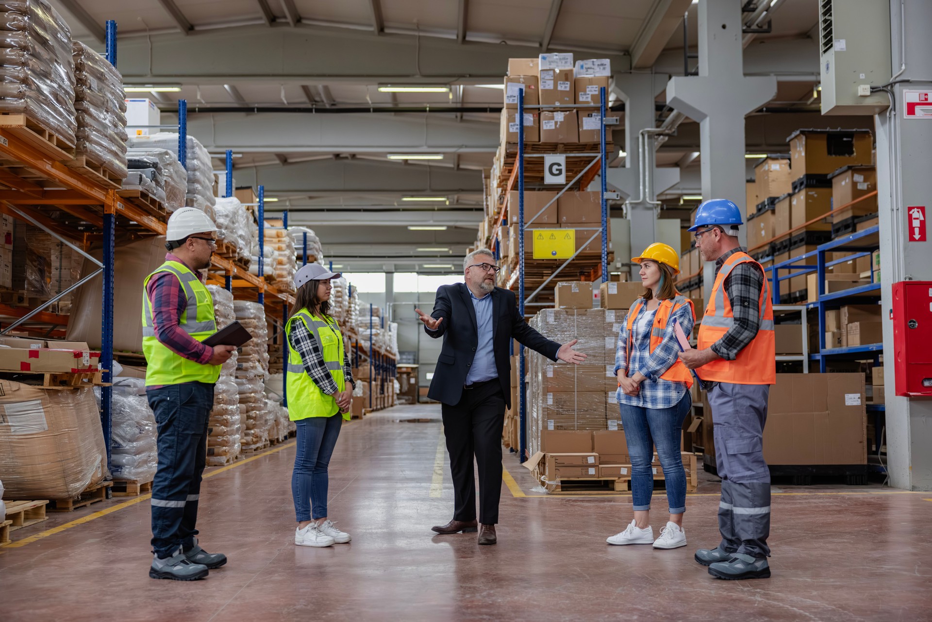 Collaborative Innovation: Brainstorming and Discussion in Factory Warehouse Corridor.